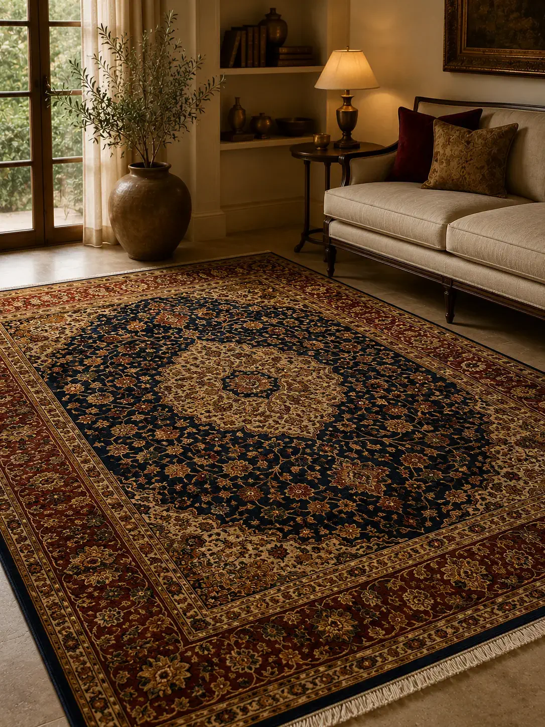 Fine hand-knotted rug with intricate floral motif in deep jewel tones and gold